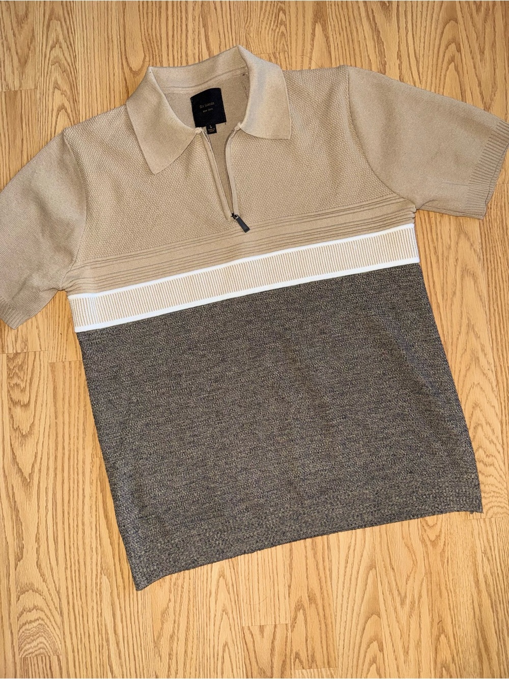 Six Lincoln Knit Quarter Zip Polo Shirt Men’s Large Beige Brown Short Sleeve